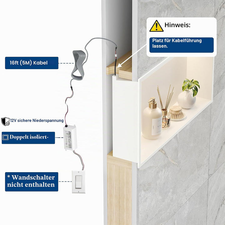 Wandnische Dusche Edelstahl mit LED-Licht, Eingebettete Duschnische Weiss Einzelregal Lagerung für B