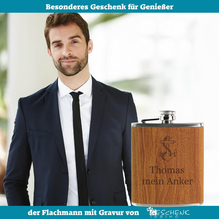 Flachmann mit Gravur, Name + Motiv, Geschenkidee für Männer + Frauen, Schnapsgeschenk in Holz Optik,