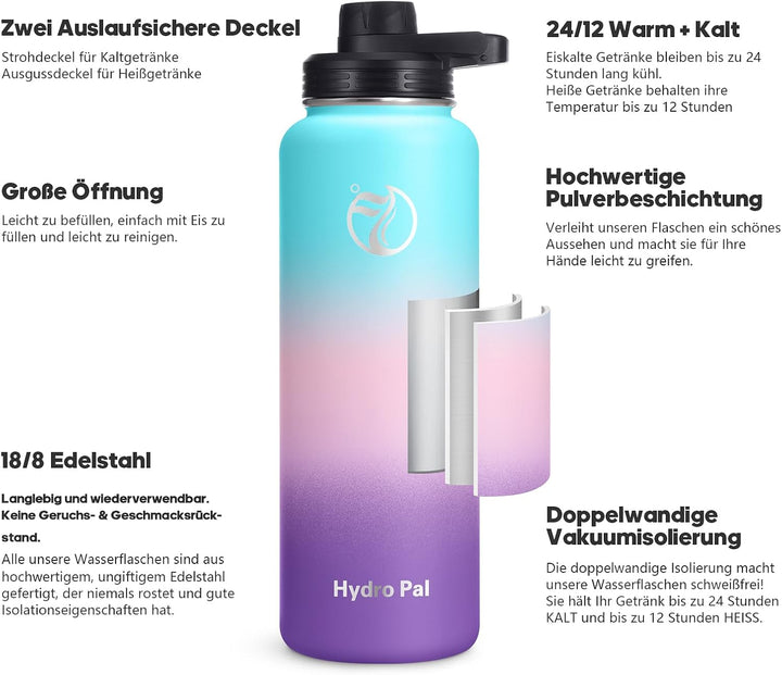 HydroPal Edelstahl Trinkflasche - 1,2L BPA-Frei, Kohlensäure geeignet, Isolierte Thermosflasche mit