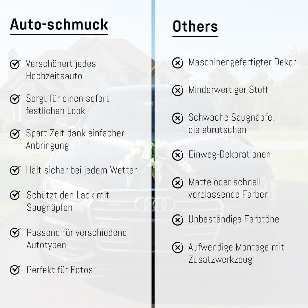 Spitze STRAUss Auto Schmuck Braut Paar Rose Deko Dekoration Hochzeit Car Auto Wedding Deko PKW (Weis