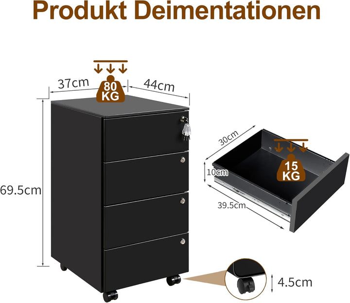 Rollcontainer, Mobiler Aktenschrank mit 4 Schlössern, 4 Schlüssel, 4 Schubladen, Rollcontainer Schre
