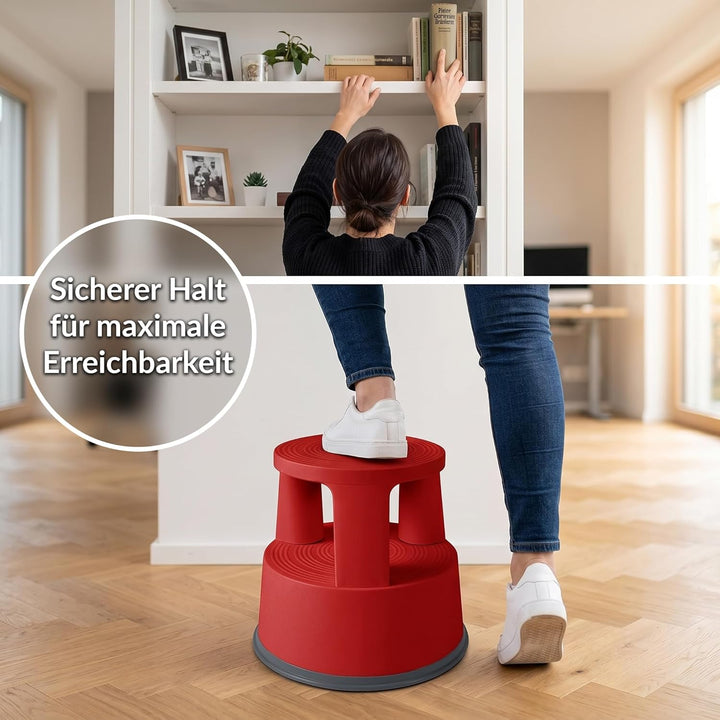 Office Marshal Rollhocker Kunststoff Elefantenfuss rot, Rutschfester Tritthocker mit Rollen, mobiler