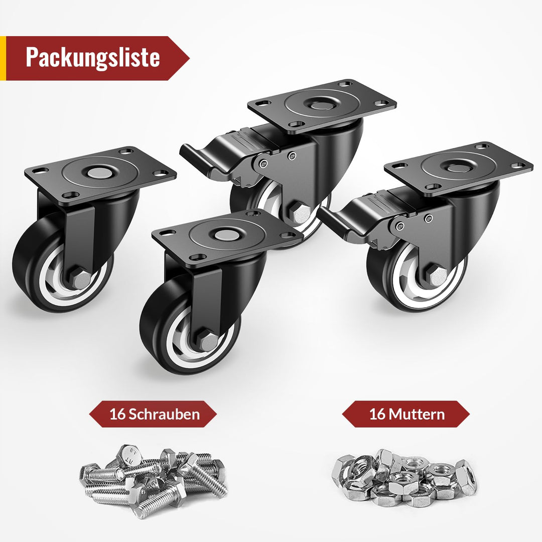 75mm Lenkrollen mit Sicherheitsbremse 4er Set Schwerlastrollen (2 mit Bremsen und 2 ohne) Möbelrolle