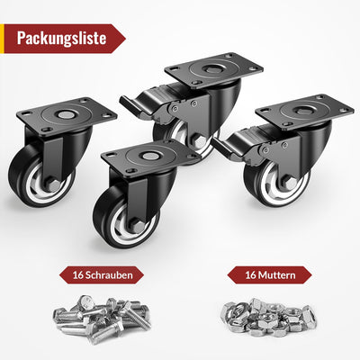 75mm Lenkrollen mit Sicherheitsbremse 4er Set Schwerlastrollen (2 mit Bremsen und 2 ohne) Möbelrolle