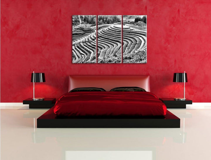 Pixxprint Monocrome, Chinesische Reisplantagen Treppenfelder 3-Teiler Leinwandbild 120x80 Bild auf L