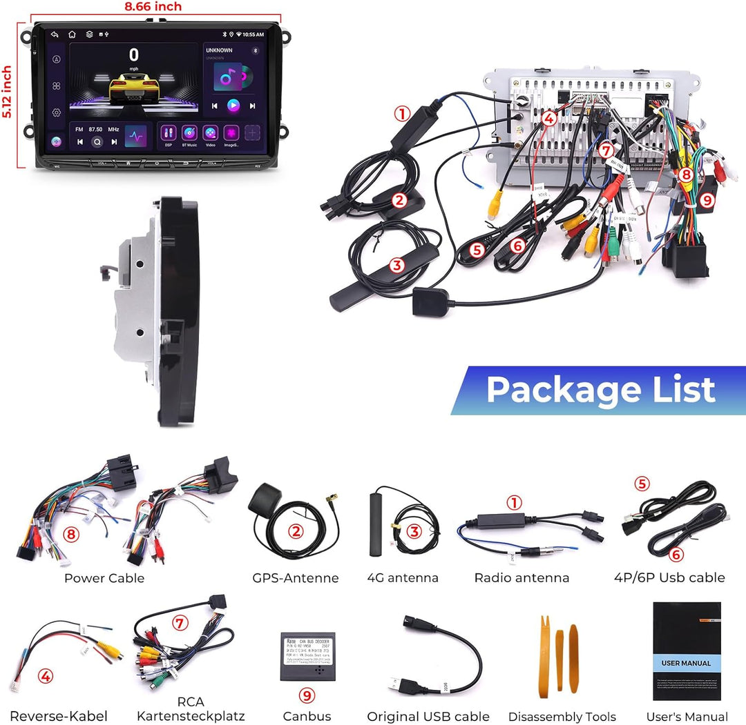 [Upgrade 6+128GB] Autoradio für VW Golf Passat Touran Seat Skoda, 9 Zoll Touchscreen Radio mit Wirel