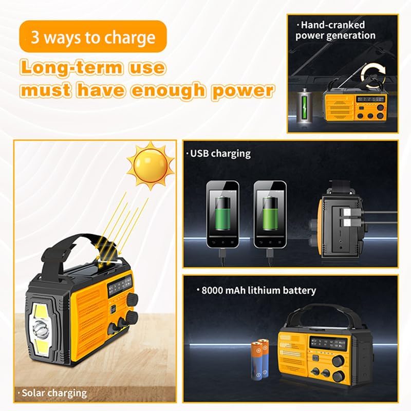 Solar Kurbelradio AM/FM Solar Radio Tragbar Notfallradio mit 8000mAh Wiederaufladbare Batterie, Led