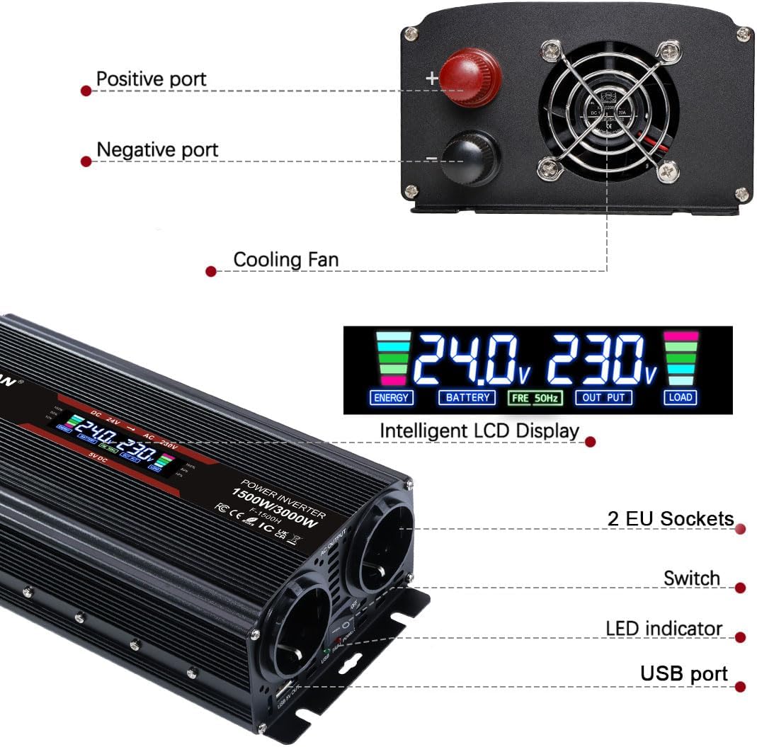LVYUAN Spannungswandler 24V 230V 1500W/ 3000W Wechselrichter Stromwandler mit LCD Bildschirm, 2 EU S