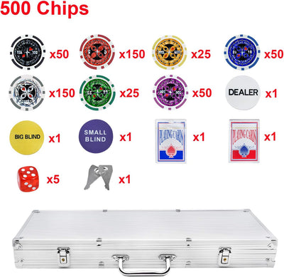 AufuN Pokerset mit 500 hochwertigen Chips Laser Pokerchips Poker inkl. 2X Pokerdecks, 5X Würfel, 1x