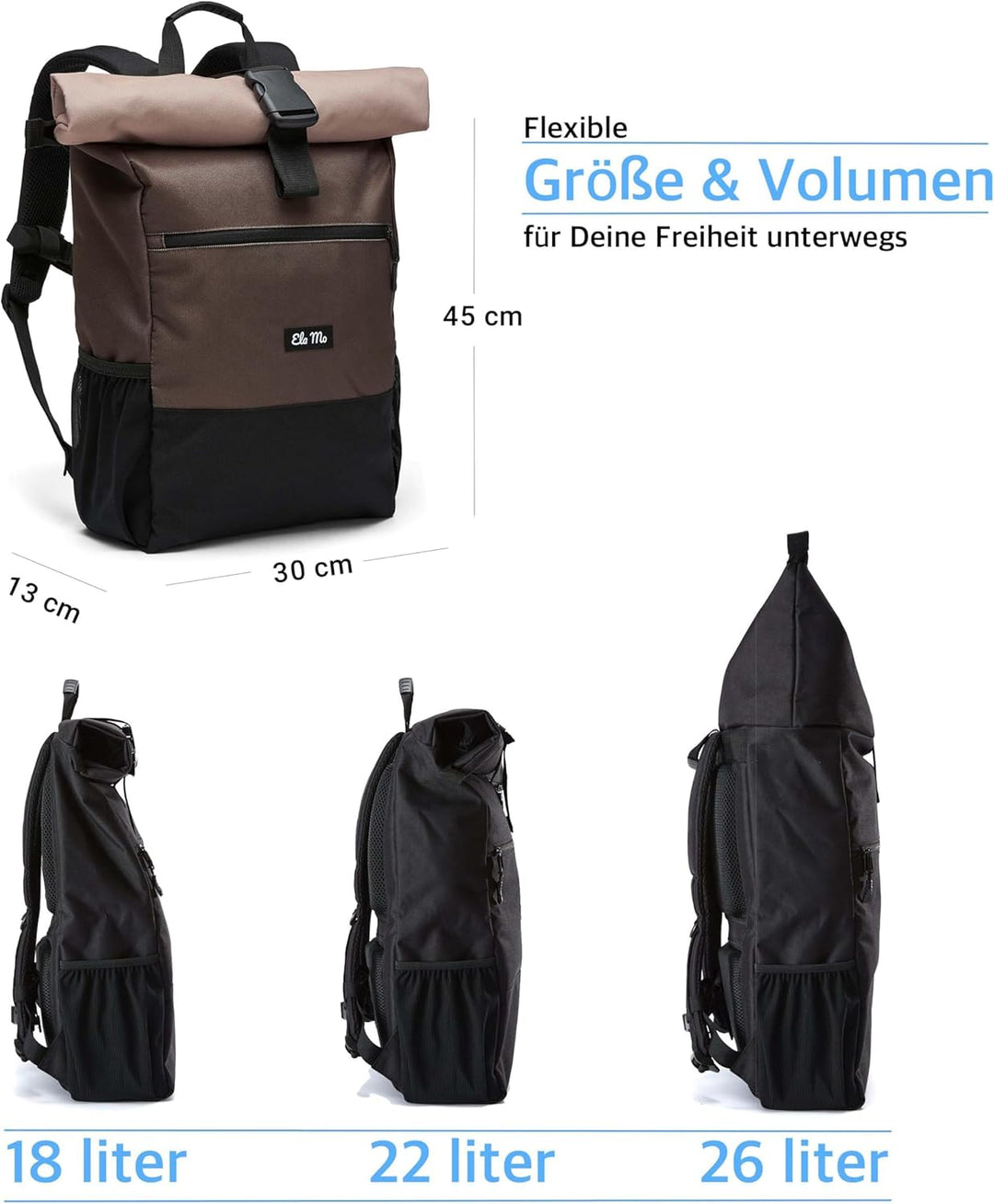 Ela Mo Rucksack Damen - Rolltop schön u. durchdacht - Laptop Rucksäcke für Frauen - Anti Diebstahl T