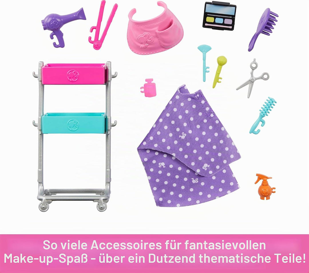 Barbie On Set Malibu Puppe und Zubehör - Frisierwagen, Haar- und Make-up-Accessoires, Schürze, Hündc