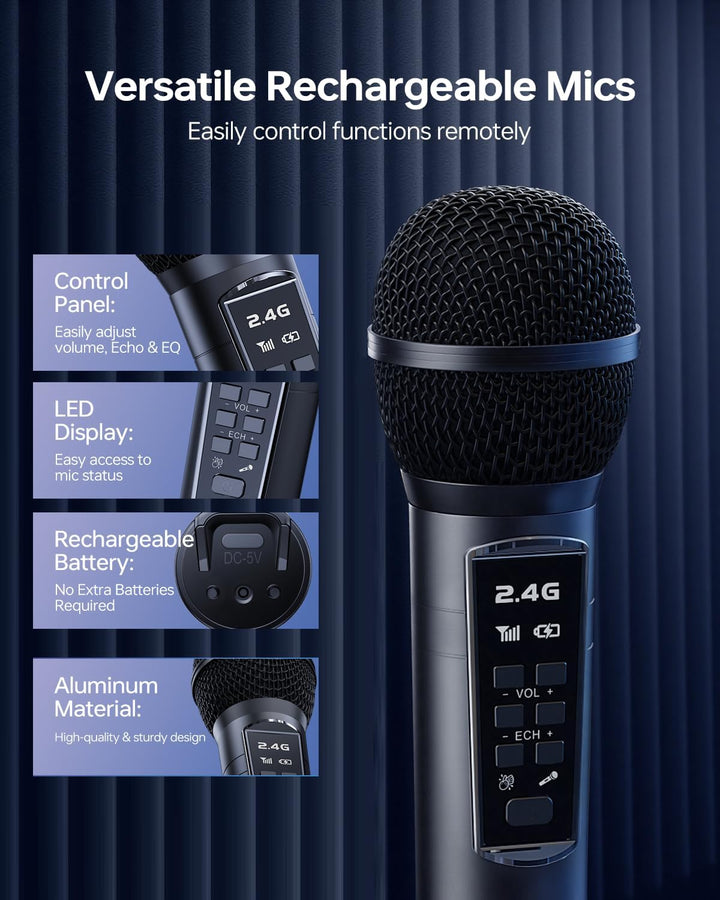 SDRD SD-216 Karaoke-Maschine – 2 kabellose Mikrofone, 80W kraftvoller Sound, Bluetooth & LED-Lichter