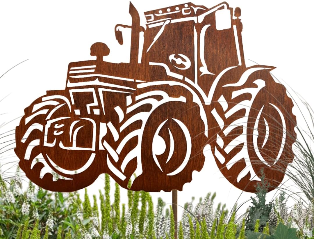 Gartenstecker Traktor aus Metall – Rostfigur 25 cm breit, 45 cm hoch – Wetterfeste Edelrost Gartende