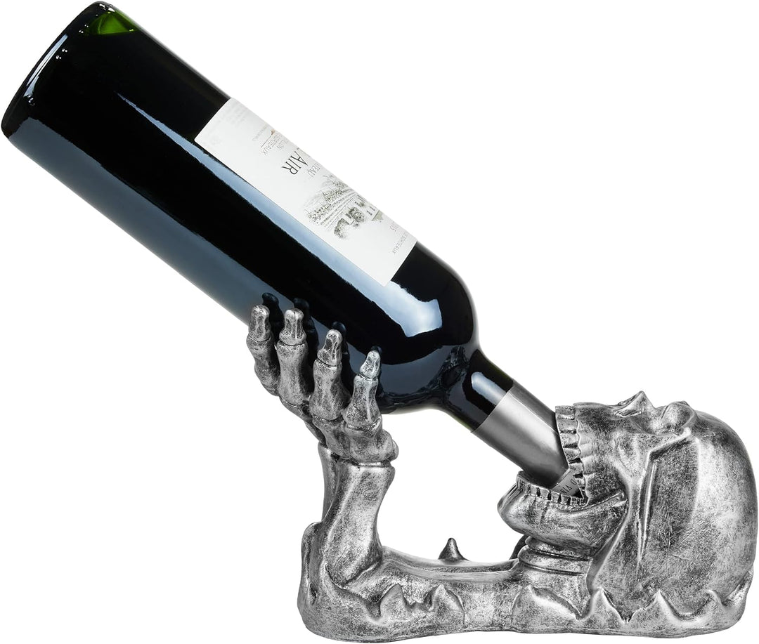 BRUBAKER Weinflaschenhalter Totenkopf - Flaschenhalter Trinkender Schädel mit Skelett Hand Silber -