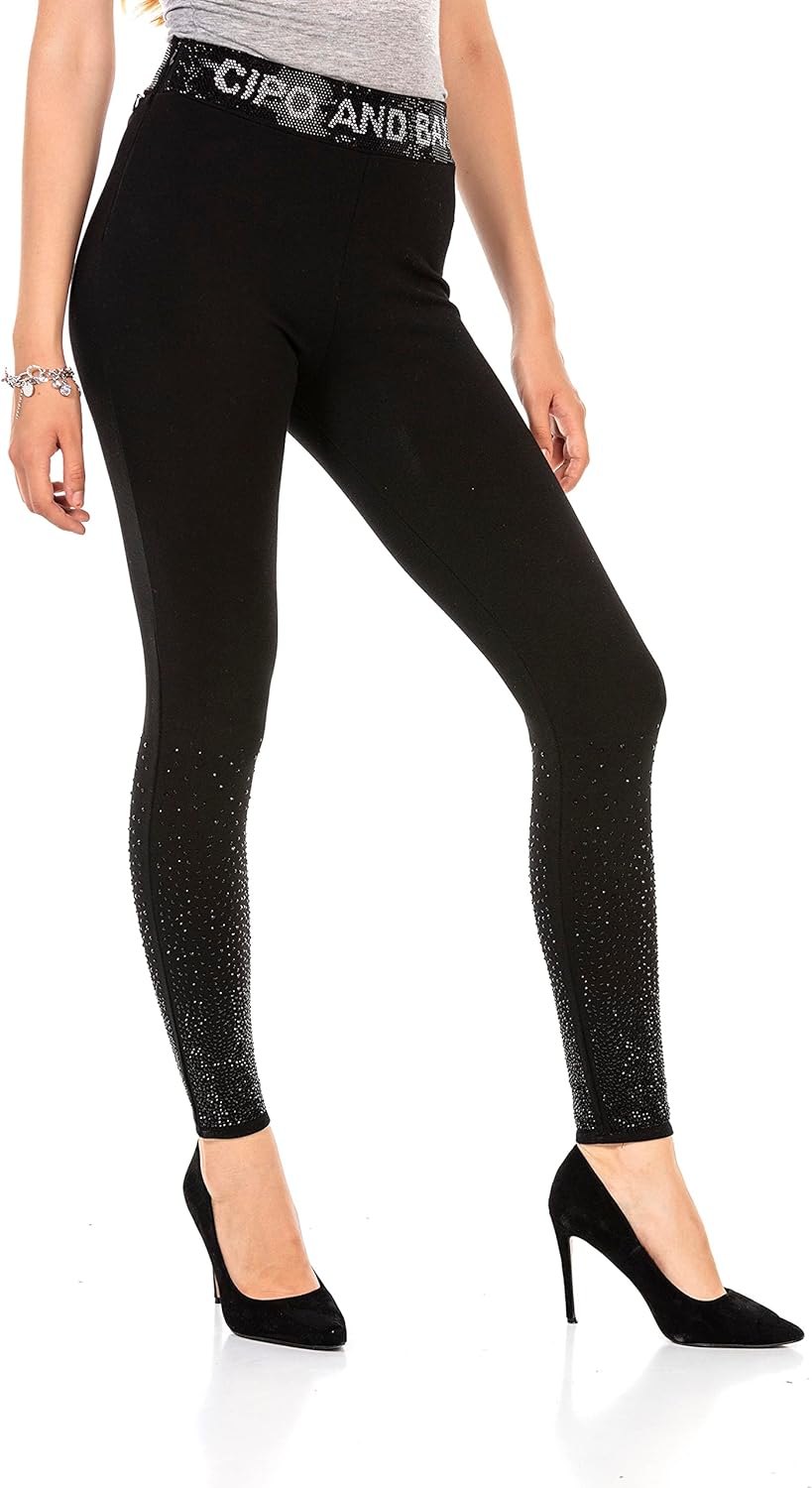 Cipo & Baxx Damen Leggings Tights Logobund Strasssteine Bequem Eng Lang Pants WR141 Schwarz S