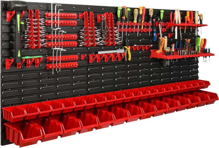 Lagersystem Werkstattregal | 172 x 78 cm | 36 stck. Box | Wandregal mit Werkzeughalterungen und Stap