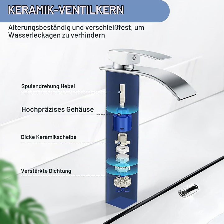 kisimixer Modern Wasserfall Wasserhahn Bad Hoch, Waschtischarmatur Hoch Wasserfall Aufsatzwaschbecke