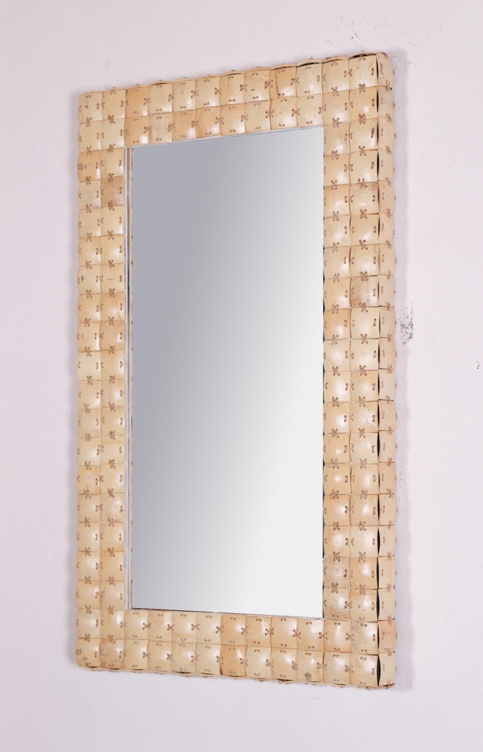 GURU SHOP Patchwork Spiegel mit Kokosnuss Rahmen - Modell 1 Natur, Creme-weiss, Bast, 80x50x5 cm, Sp