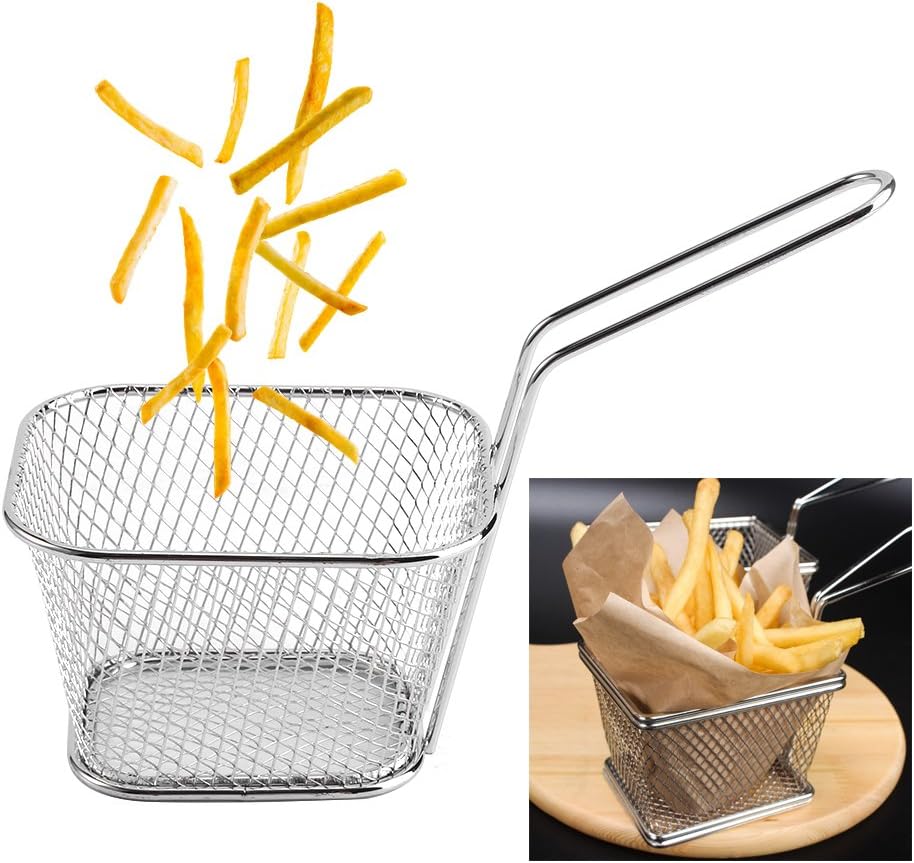 8 Stück Mini Friteuse Körbe,Pommes Körbchen zum Servieren,Edelstahl Quadrat Frittierkörbe mit Griff,