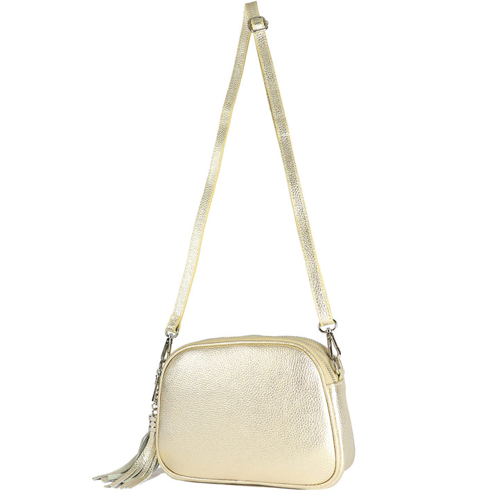 modamoda de - T238 - ital. Damen Umhängetasche Leder Medium, Farbe:Lightgold Metallic, Lightgold Met