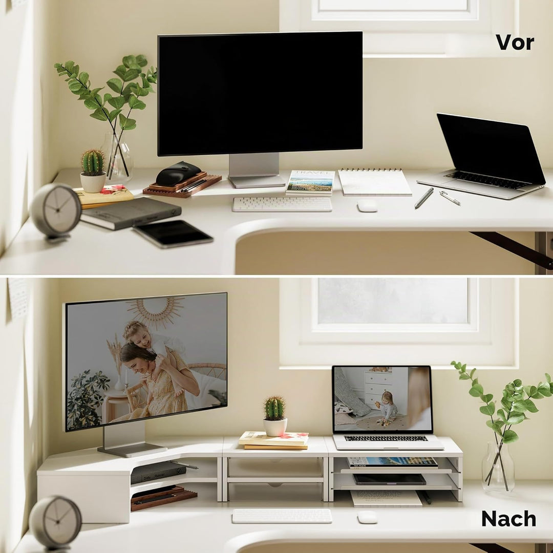 Fenge Monitorständer 3 in 1, Dual Monitor Stand mit Schublade und Ausziehbarem Tablett, L-Förmiger E