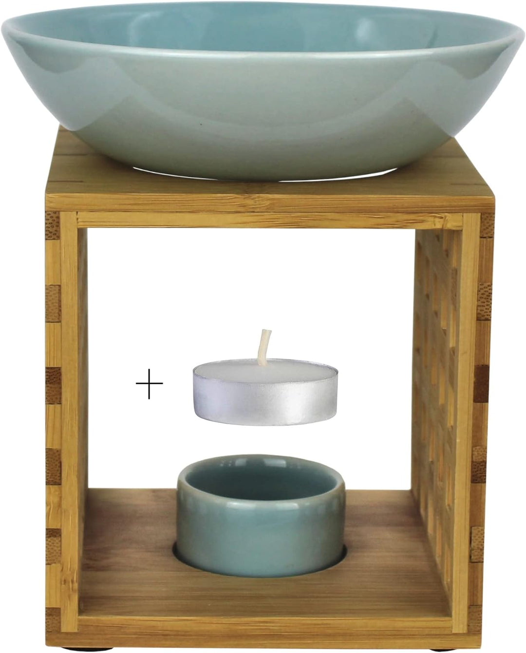Bitto Duftlampe Riga Weissblau mit Kerze, grosse Schale, Fair Trade, Aromalampe aus Bambusholz und K
