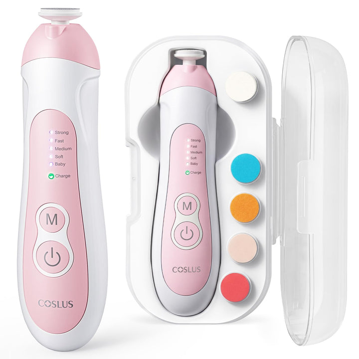 COSLUS Baby Nail File Electric: Fünf Gänge mit LED Sanfter Leuchten 6 Schleifköpfe, geeignet für Bab