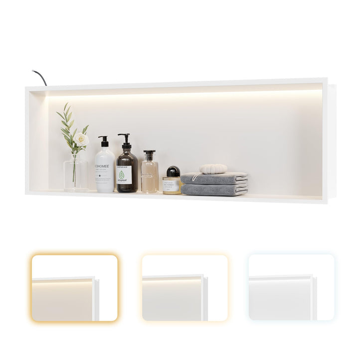 Wandnische Dusche Edelstahl mit LED-Beleuchtung, Duschnische Weiss Einzelregal Einbau-Nische mit Far
