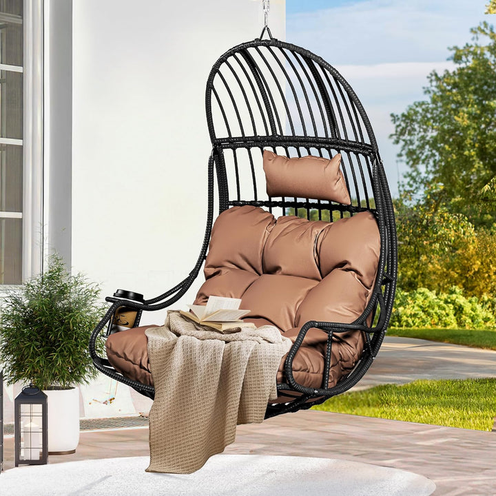 YITAHOME Hängesessel Eierschaukel 150 kg Belastbarkeit, Rattan Schaukelsessel mit Kissen & Getränkeh