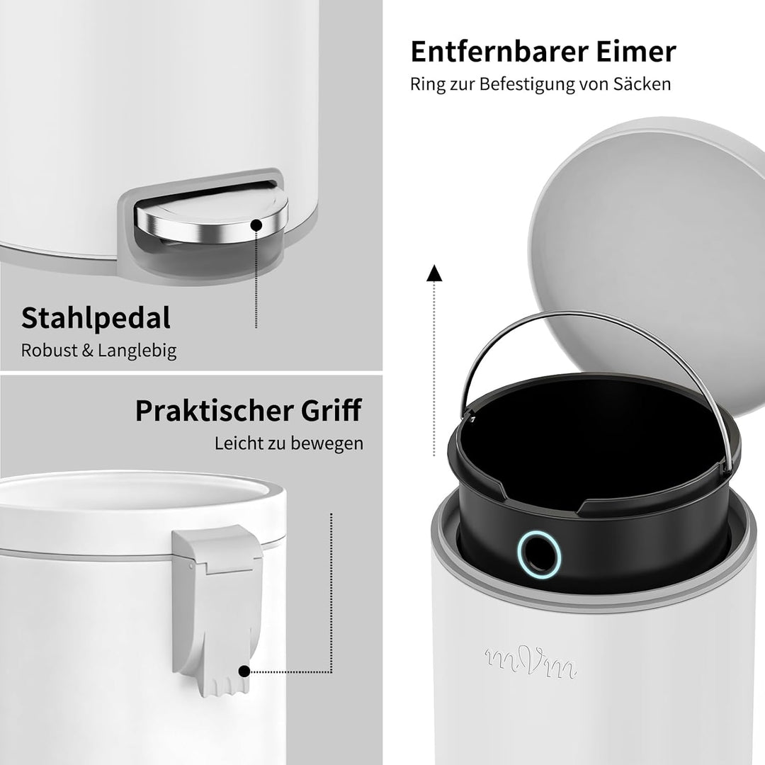 mVm Mülleimer Bad 5L, Mülleimer mit Deckel, Weiss | Soft-Close, Herausnehmbarem Inneneimer, Fingerab