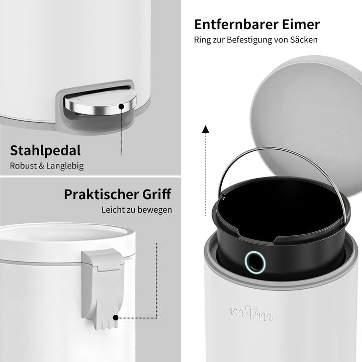 mVm Mülleimer Bad 5L, Mülleimer mit Deckel, Weiss | Soft-Close, Herausnehmbarem Inneneimer, Fingerab