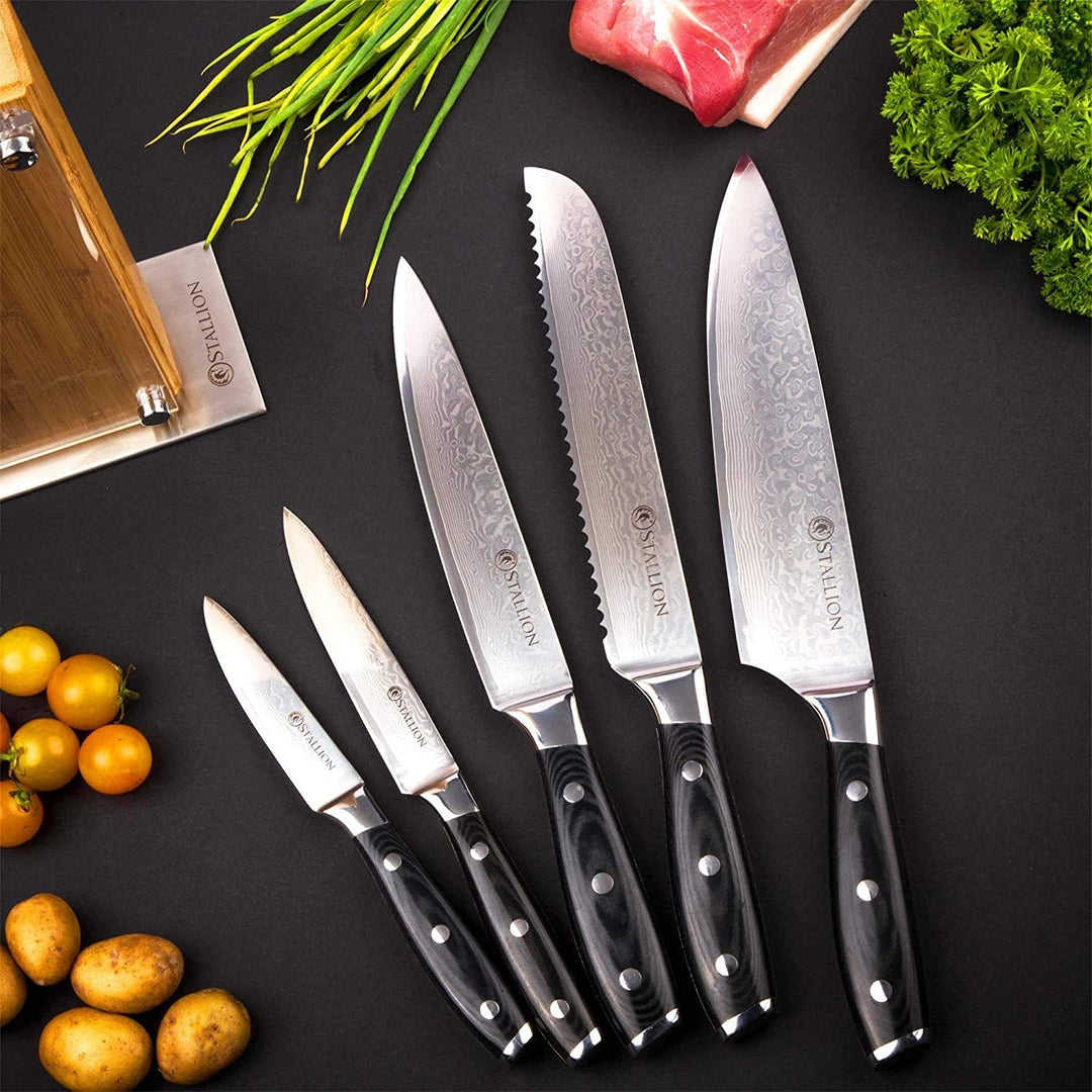 Stallion Damastmesser Wave Messerset - Messer aus Damaststahl mit Messerblock - mit MEISTERSCHLIFF M