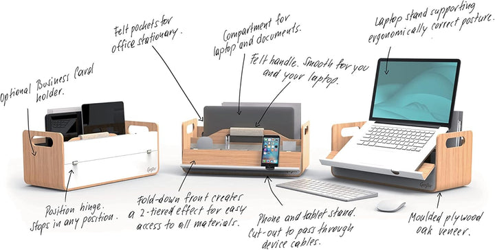 Gustav XL Laptopständer & Organizer aus Holz – Tragbarer Schreibtischaufsatz, ergonomisch, inkl. Han