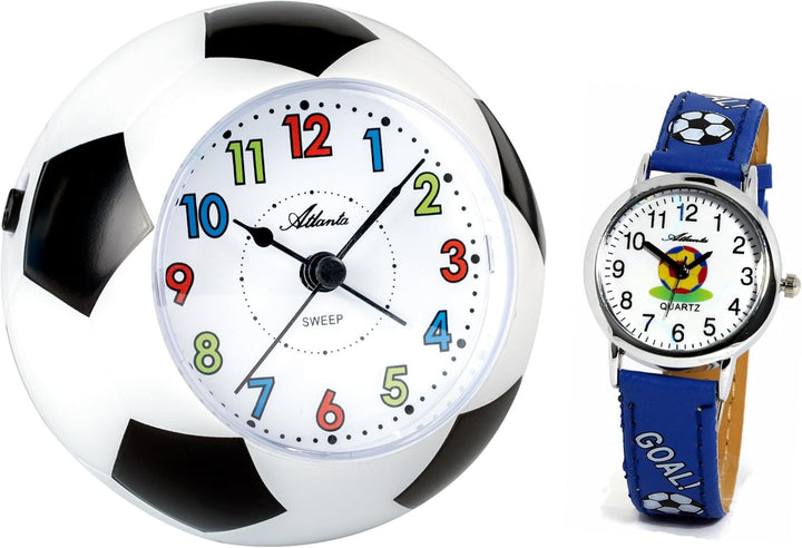 Atlanta Kinderwecker ohne Ticken Fussball WM + Kinderarmbanduhr - 1199 KAU (Blaue Armbanduhr), Blaue