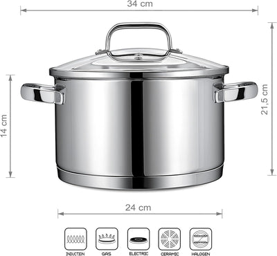 Linnuo Topf Induktion 24cm mit Glasdeckel, Kochtopf gross 6l, aus 18/10 Edelstahl, Griff nicht heiss