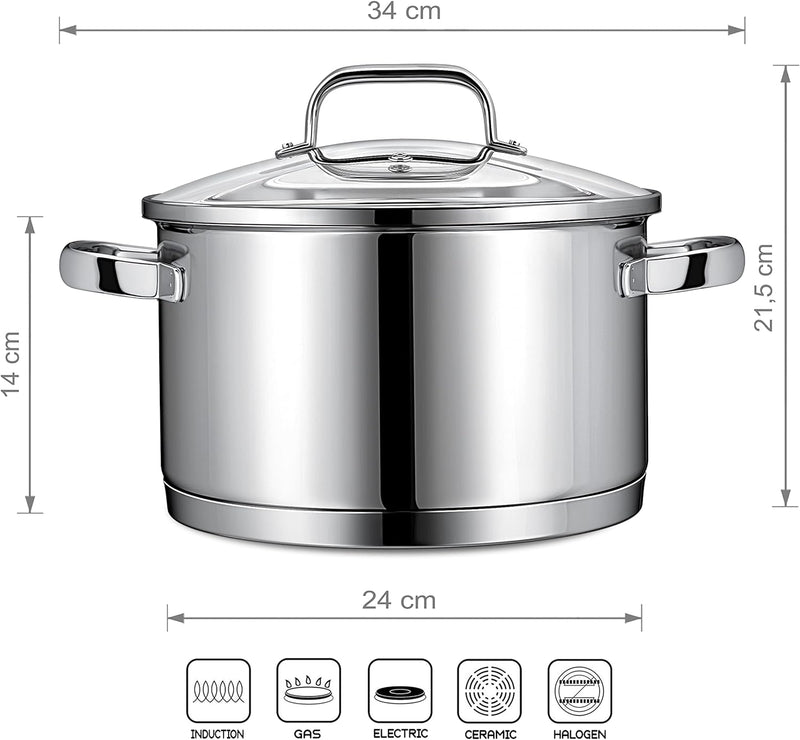Linnuo Topf Induktion 24cm mit Glasdeckel, Kochtopf gross 6l, aus 18/10 Edelstahl, Griff nicht heiss