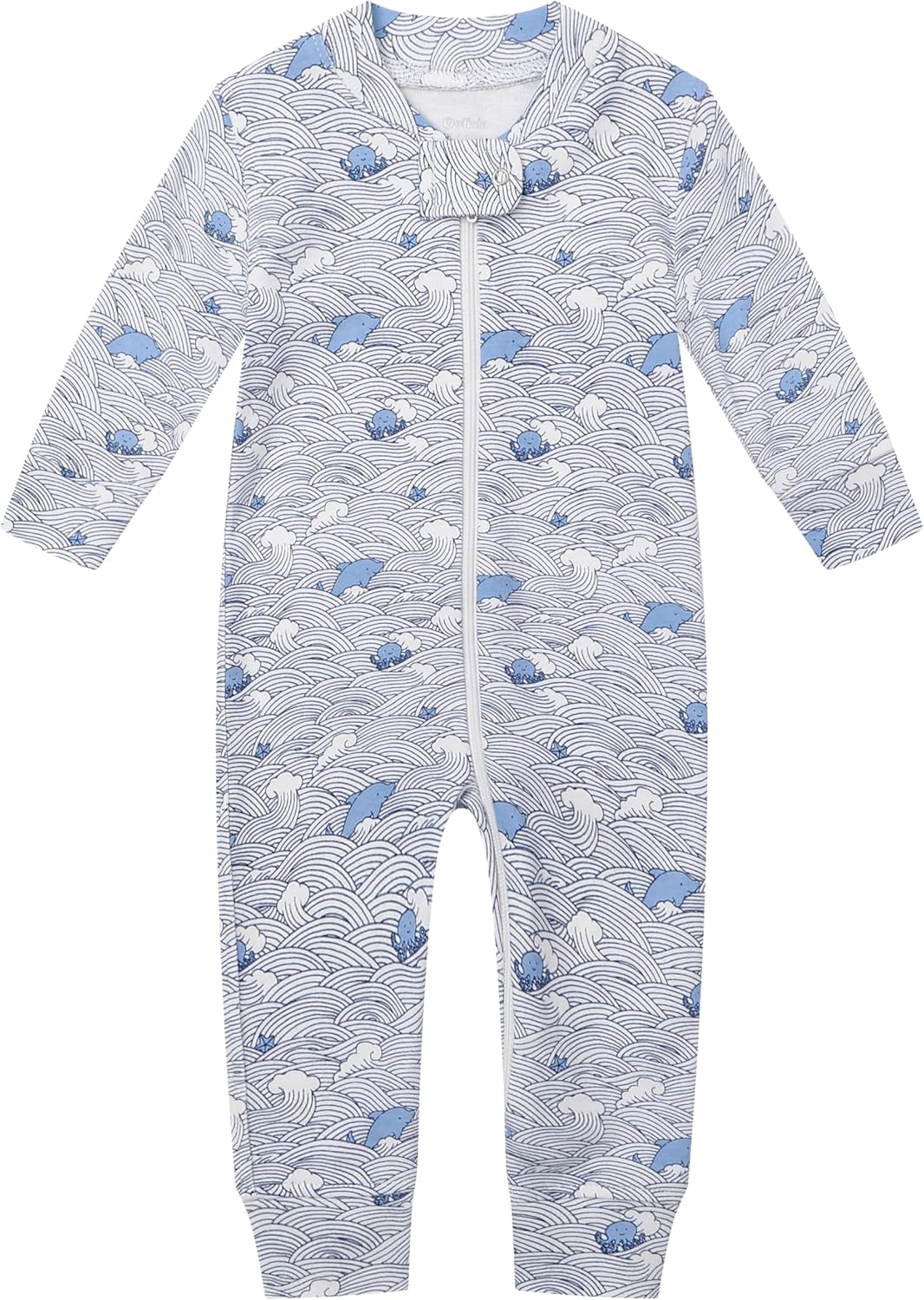 Owlivia Baby Schlafstrampler aus Bio Baumwolle, für Mädchen und Jungen, Langarm Wellen und Marine 0-