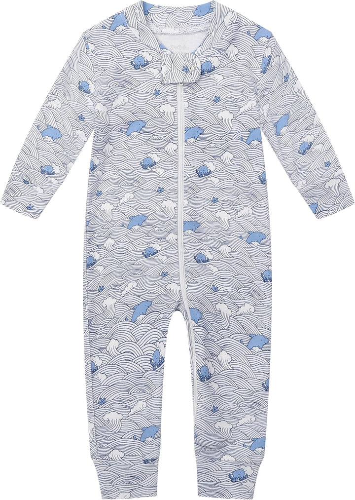 Owlivia Baby Schlafstrampler aus Bio Baumwolle, für Mädchen und Jungen, Langarm Wellen und Marine 0-