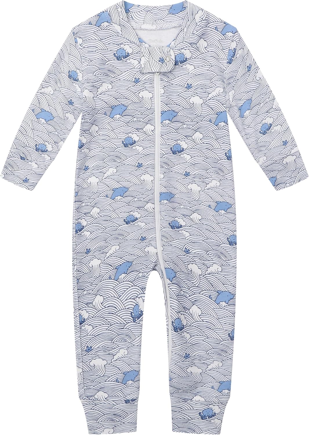 Owlivia Baby Schlafstrampler aus Bio Baumwolle, für Mädchen und Jungen, Langarm Wellen und Marine 0-