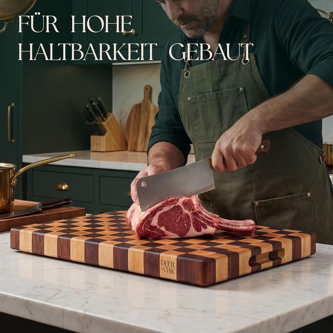 Deer & Oak Stirnholz Akazien Schneidebrett mit Schachmuster & lebensmittelechtem Öl Set – 45 x 31 x