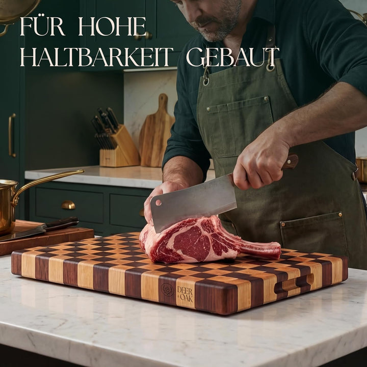 Deer & Oak Stirnholz Akazien Schneidebrett mit Schachmuster & lebensmittelechtem Öl Set – 45 x 31 x
