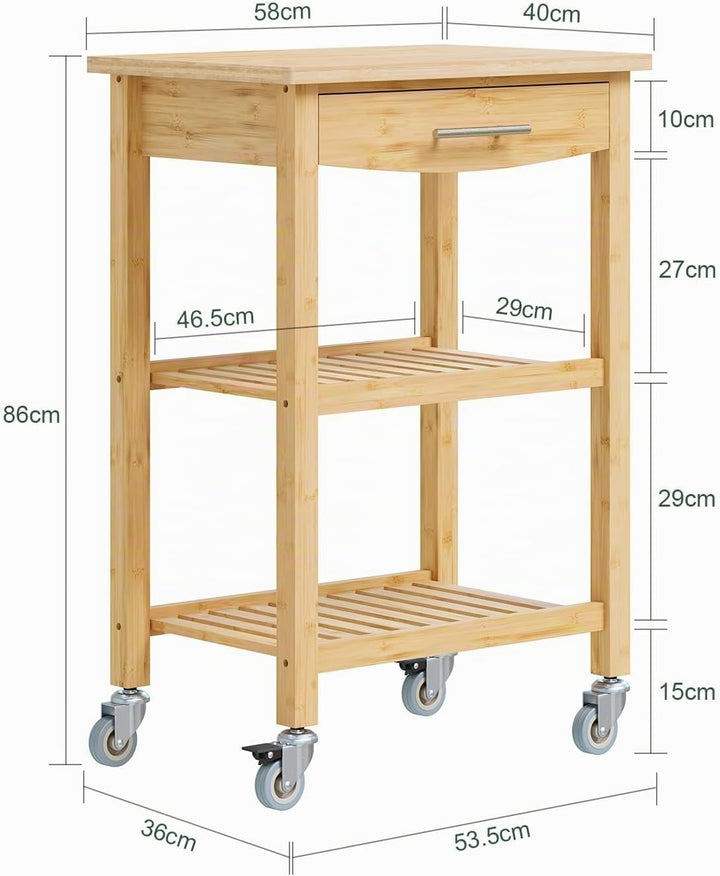 SoBuy Küchenwagen mit Rollen, Schublade &amp; 2 offenen Ablagen, 58x40x86 cm | Servierwagen aus karbonis