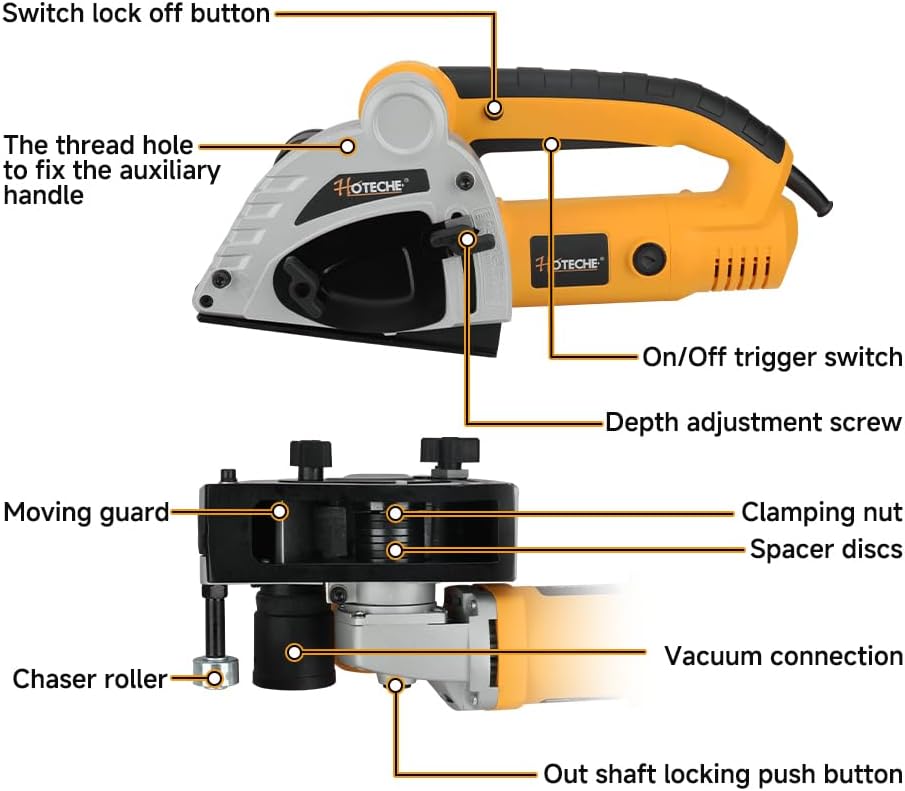Hoteche 125mm 1500W Grabenfräse | Kupferdrahtmotor, Weichstart, 8500RPM, Mit 2 Diamant - Scheiben, i