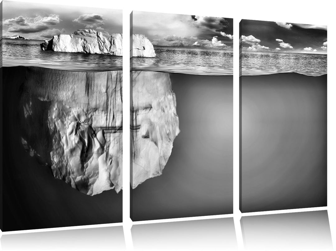 Pixxprint Monocrome, Riesiger Eisberg unter Wasser 3-Teiler Leinwandbild 120x80 Bild auf Leinwand