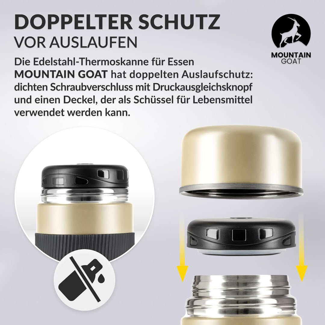 MOUNTAIN GOAT Thermobehälter für Essen 1L aus Edelstahl, Doppelwandig, Druckentlastungsventil, Isoli