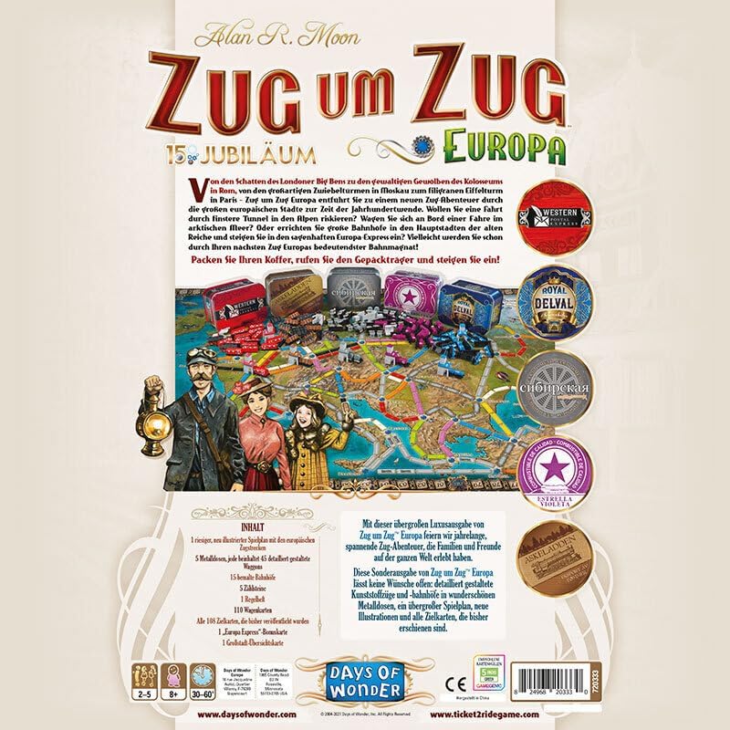 Days of Wonder | Zug um Zug – Europa 15. Jubiläum | Familienspiel | Brettspiel | 2-5 Spieler | Ab 8+
