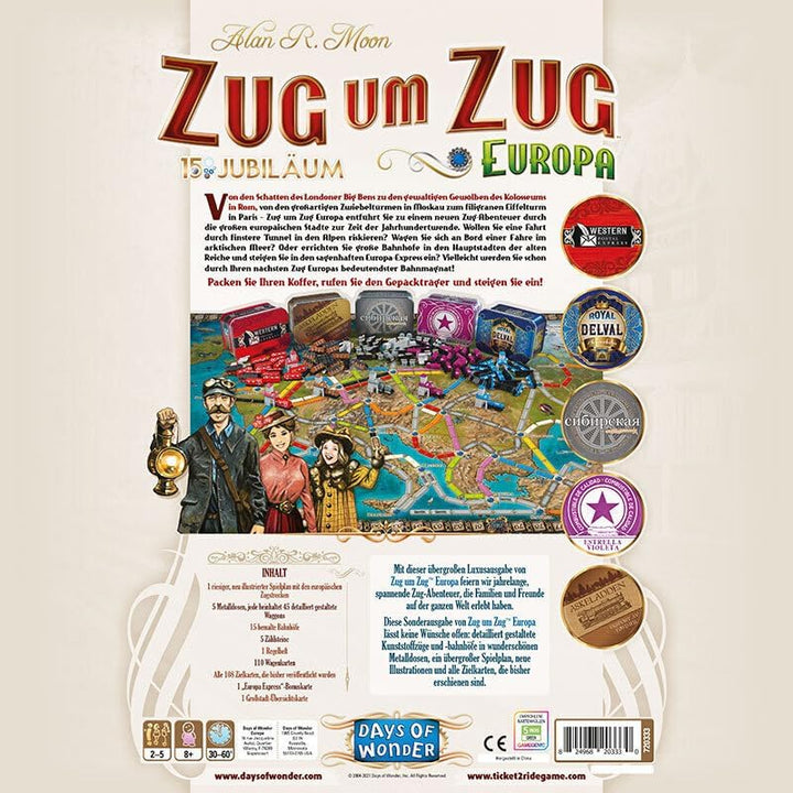 Days of Wonder | Zug um Zug – Europa 15. Jubiläum | Familienspiel | Brettspiel | 2-5 Spieler | Ab 8+