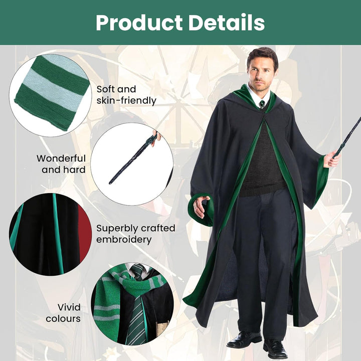 Magic Robe, Umhang,4PCS Zauberer Cosplay Kostüm für Erwachsene,with Cape,Magic Wand,Glasses,Scarf,Ti