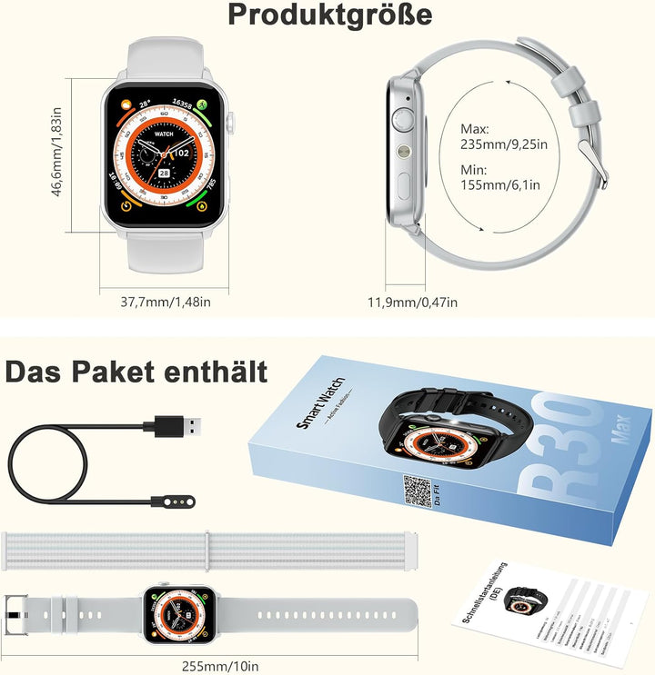 IOWODO Smartwatch Damen Herren 1,85 Zoll Uhren Fitnessuhr Sportuhr mit Schrittzähler Herzfrequenzmon