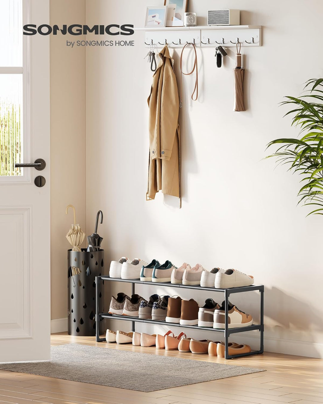 SONGMICS Schuhregal 2 Ebenen, Schuhständer Metall, Schuhaufbewahrung, Schuh-Organizer, aufrecht oder